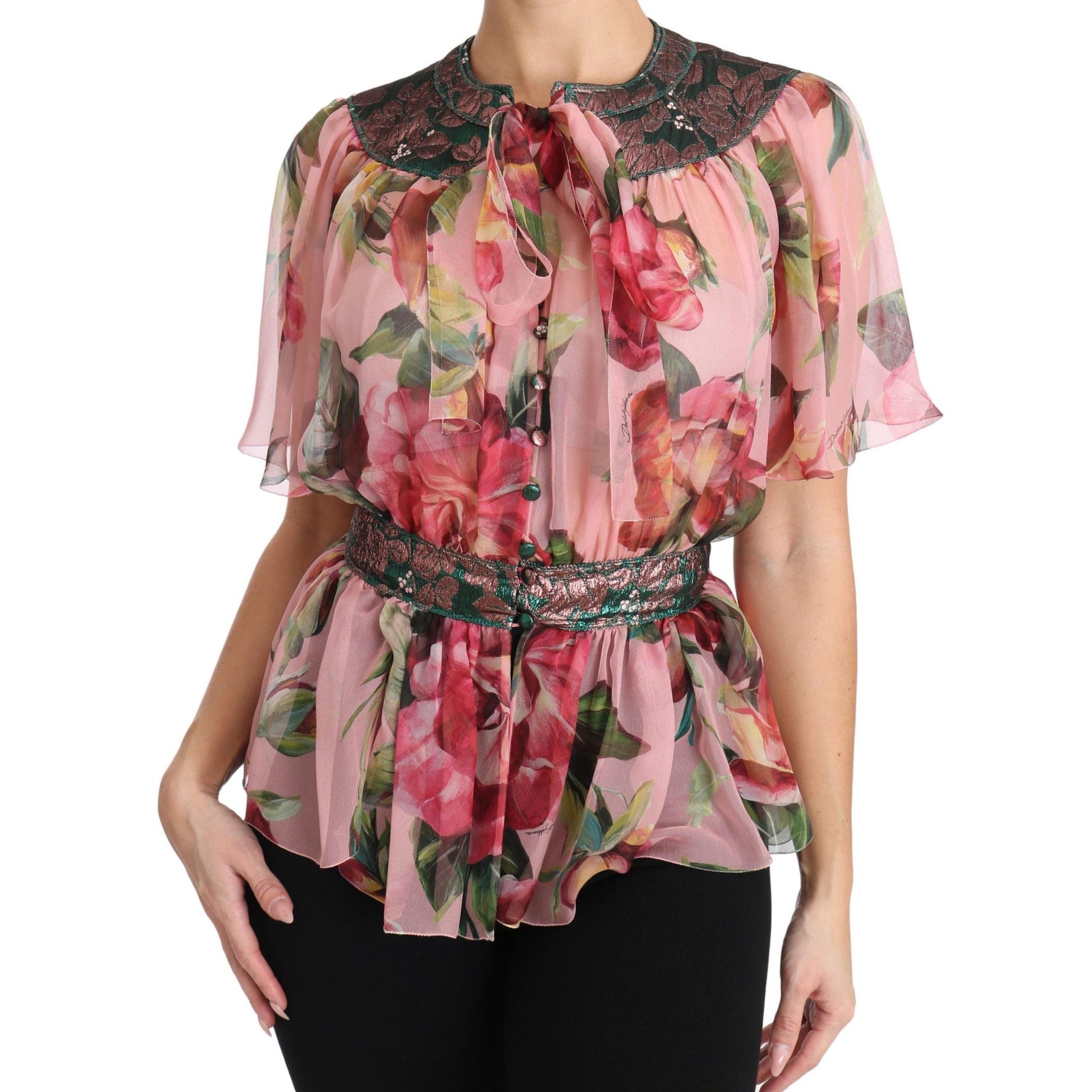 Floral Print Silk Shirt With Pussy Bow Rose - coffeewithmee2