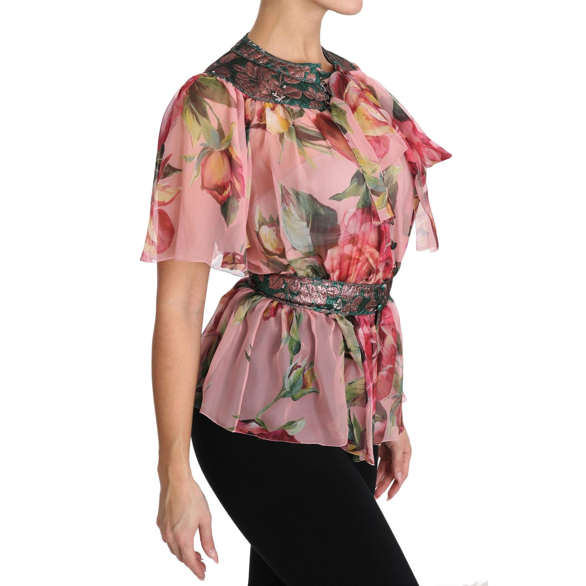 Floral Print Silk Shirt With Pussy Bow Rose - coffeewithmee2