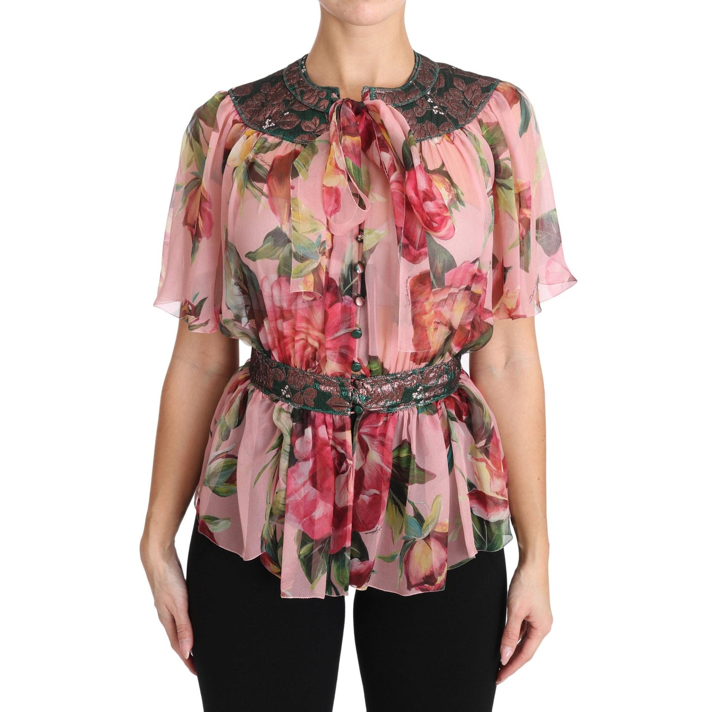 Floral Print Silk Shirt With Pussy Bow Rose - coffeewithmee2