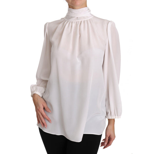 White Silk Blouse Pussybow Solid  Longsleeve Top - coffeewithmee2
