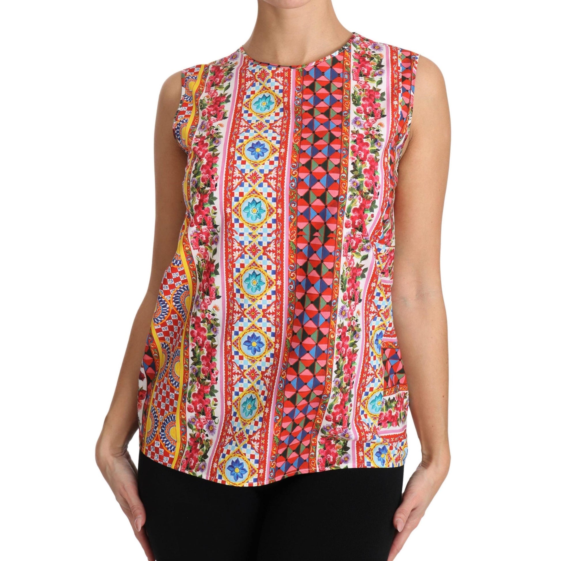 Carretto Print Pure Cotton Tank Top Floral Blouse - coffeewithmee2