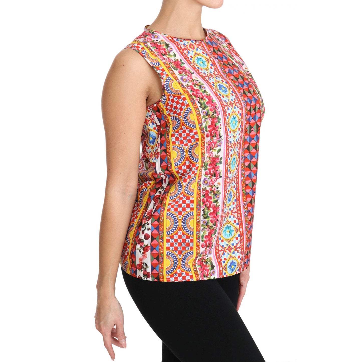 Carretto Print Pure Cotton Tank Top Floral Blouse - coffeewithmee2