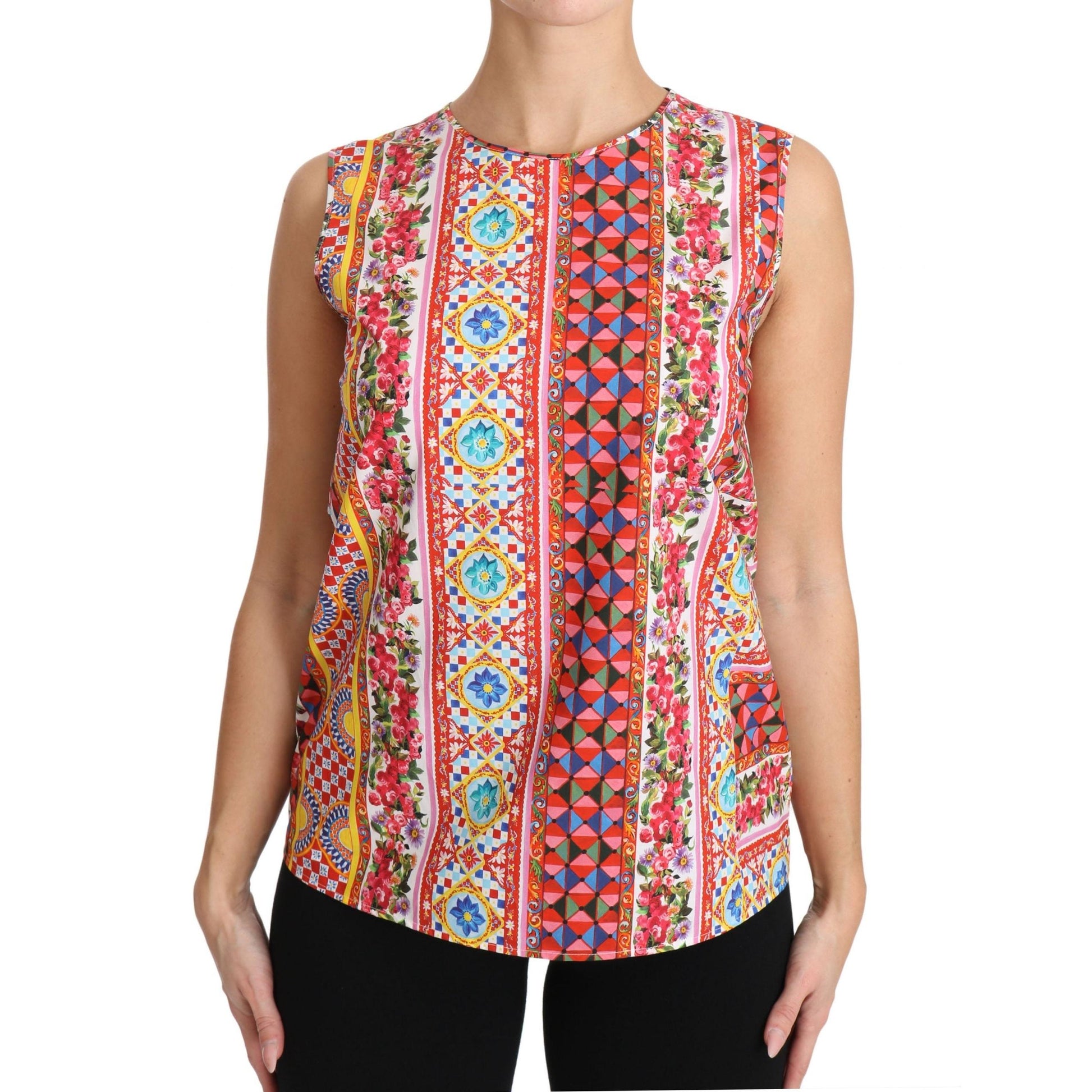 Carretto Print Pure Cotton Tank Top Floral Blouse - coffeewithmee2
