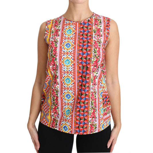 Carretto Print Pure Cotton Tank Top Floral Blouse - coffeewithmee2