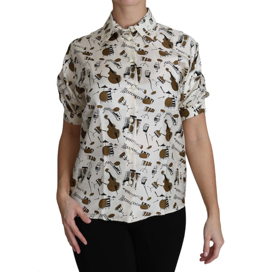 White Musical Instrument Print Polo Top Shirt - coffeewithmee2