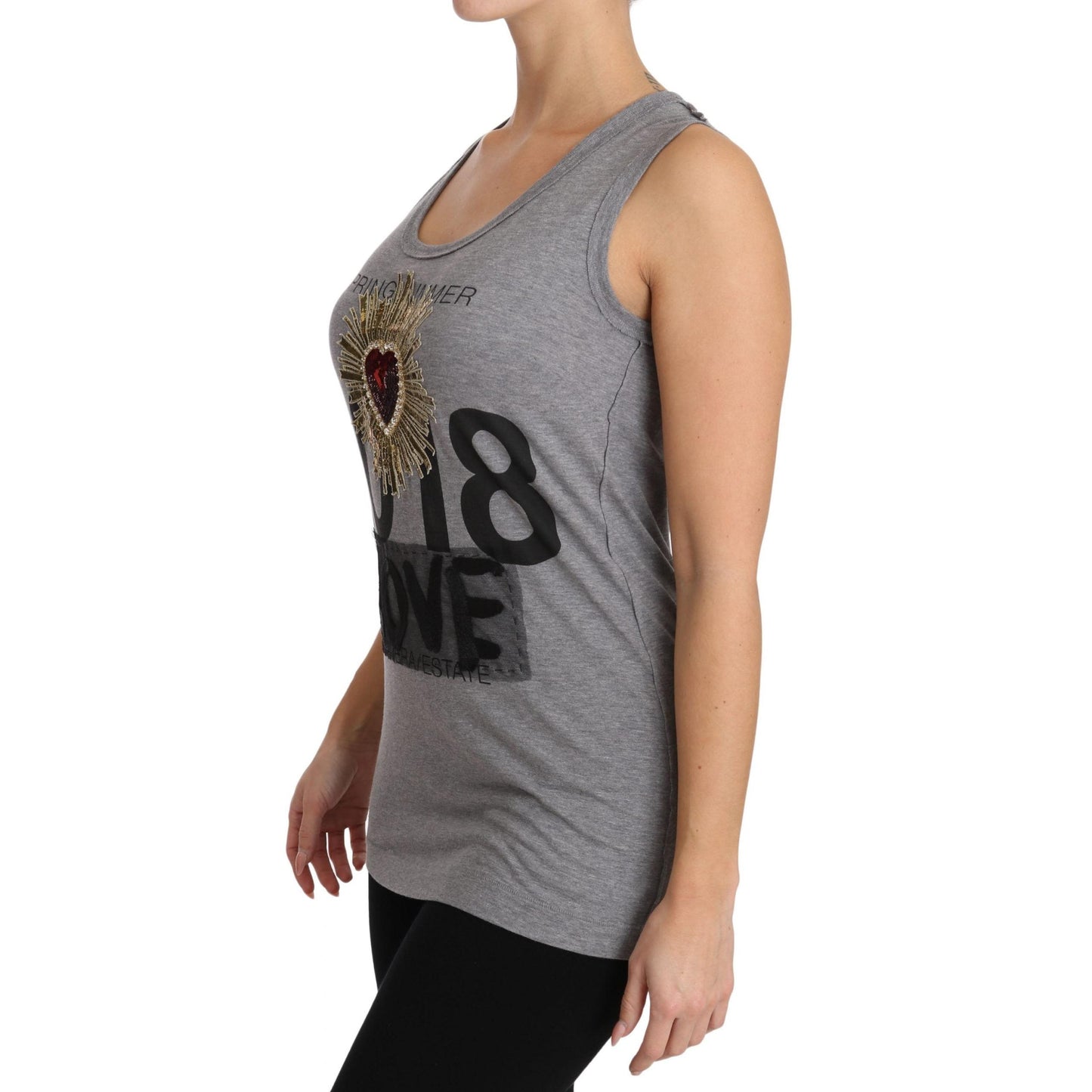 Gray Tank Top Crystal Sequined Heart  T-shirt - coffeewithmee2