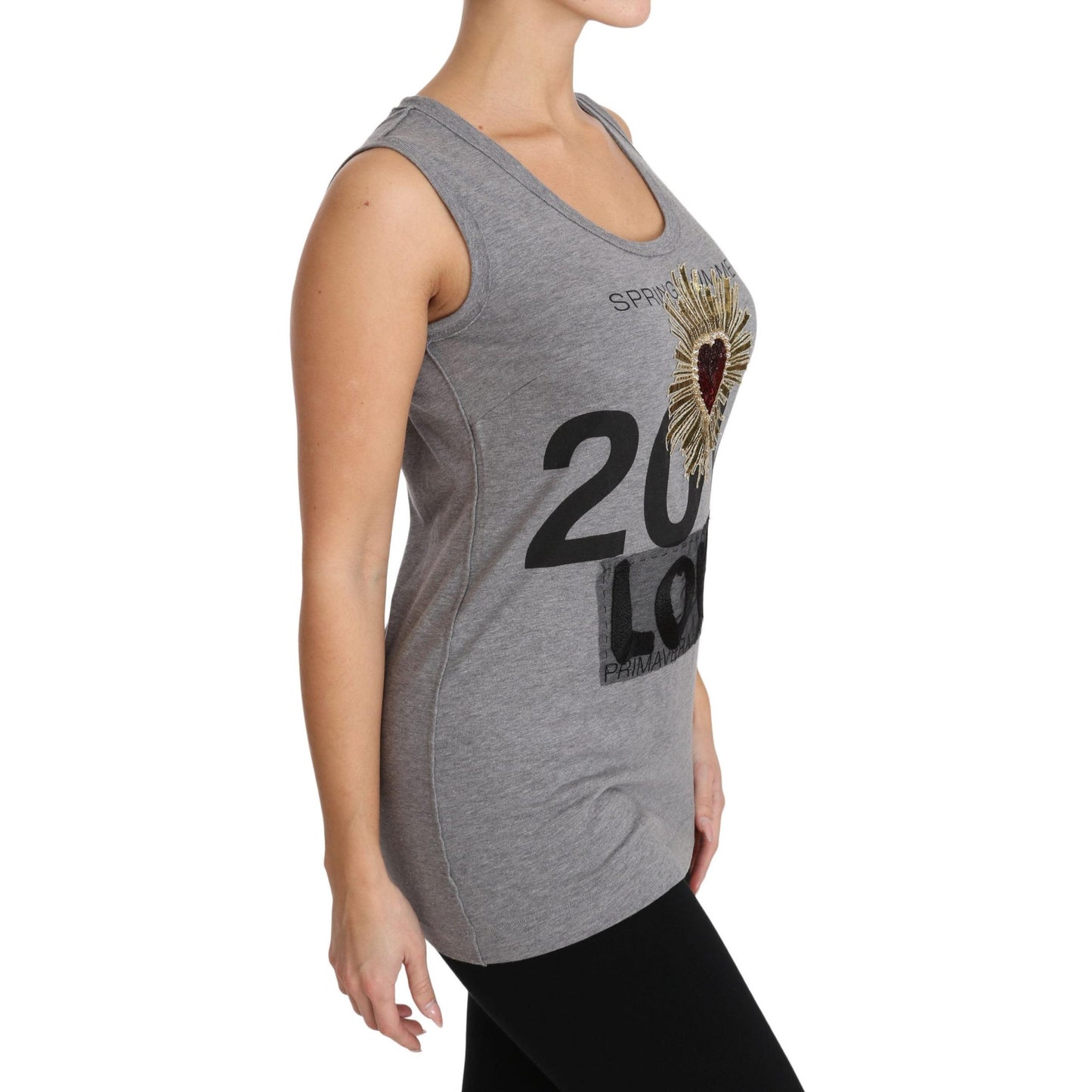 Gray Tank Top Crystal Sequined Heart  T-shirt - coffeewithmee2