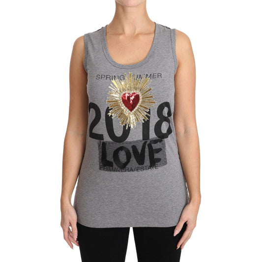 Gray Tank Top Crystal Sequined Heart  T-shirt - coffeewithmee2