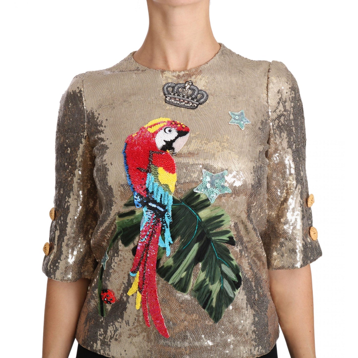 Gold Sequined Parrot Crystal Blouse - coffeewithmee2