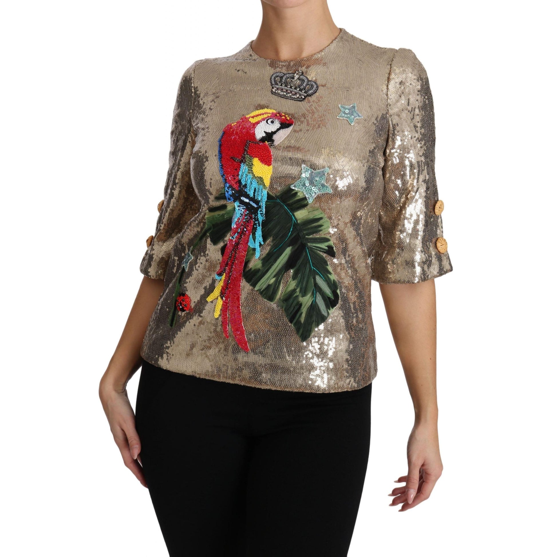 Gold Sequined Parrot Crystal Blouse - coffeewithmee2