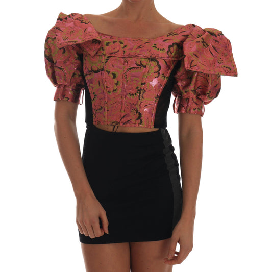 Pink Puff Sleeve  Brocade Cropped Top - coffeewithmee2