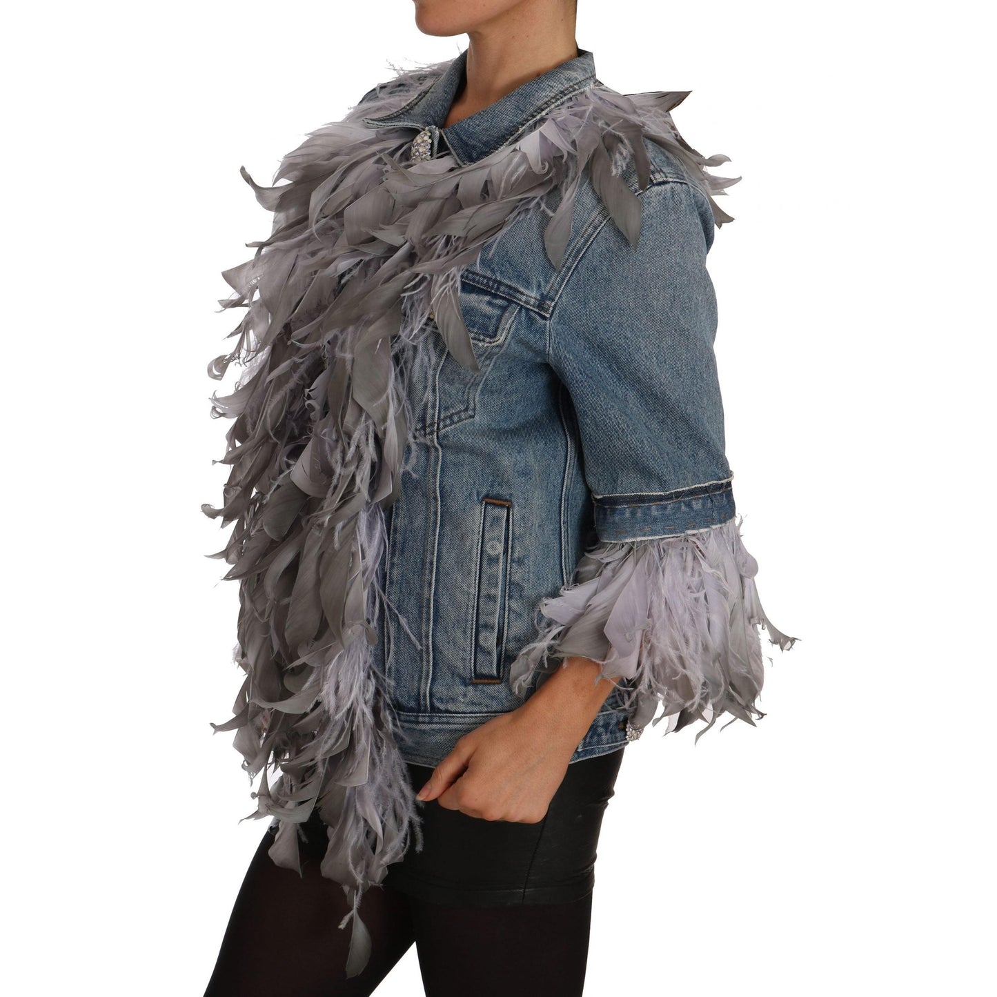 Denim Jacket Feathers Embellished Buttons - coffeewithmee2
