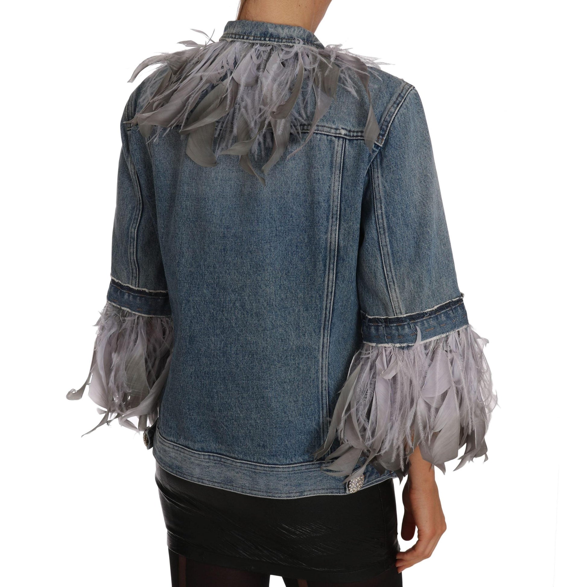 Denim Jacket Feathers Embellished Buttons - coffeewithmee2
