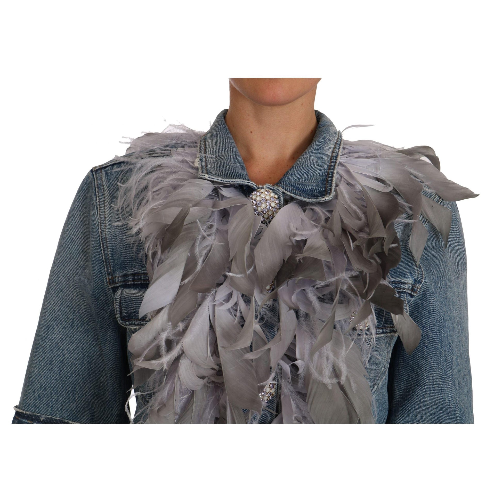 Denim Jacket Feathers Embellished Buttons - coffeewithmee2
