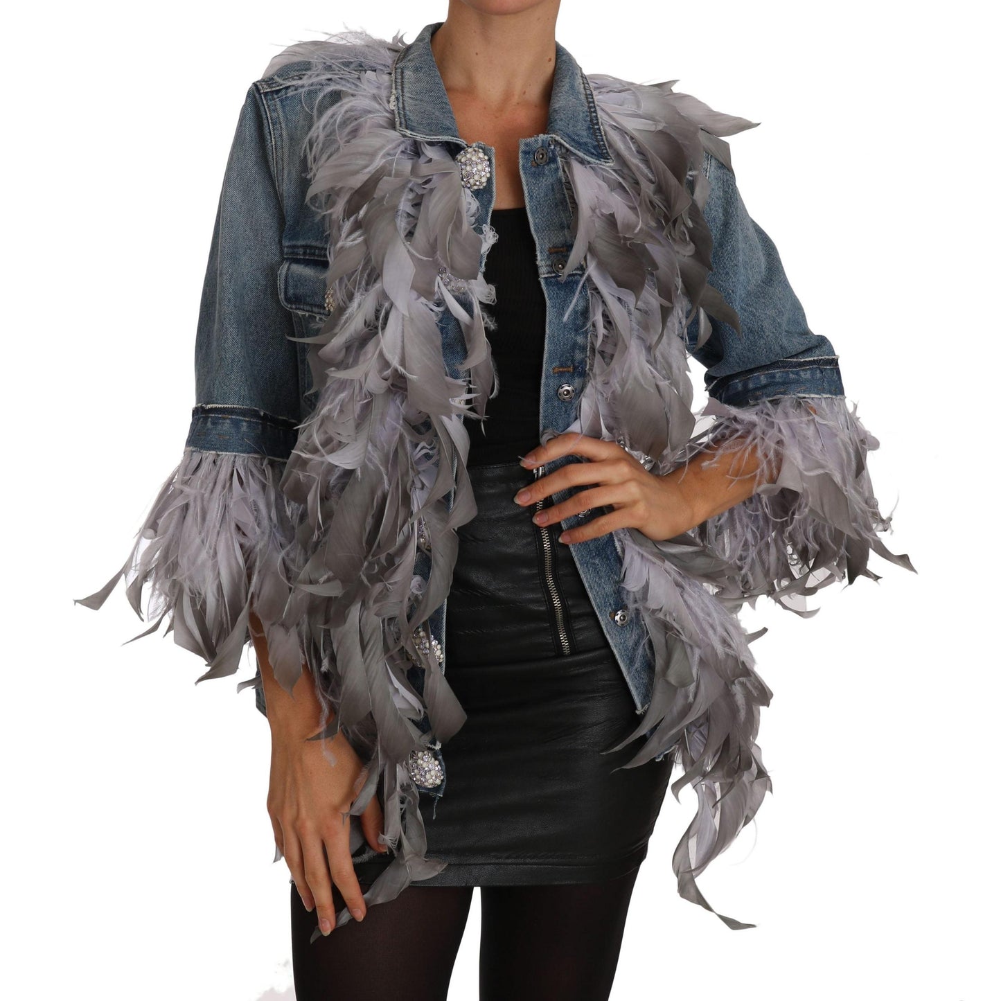 Denim Jacket Feathers Embellished Buttons - coffeewithmee2