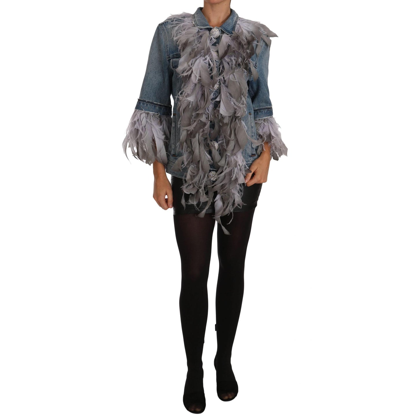 Denim Jacket Feathers Embellished Buttons - coffeewithmee2