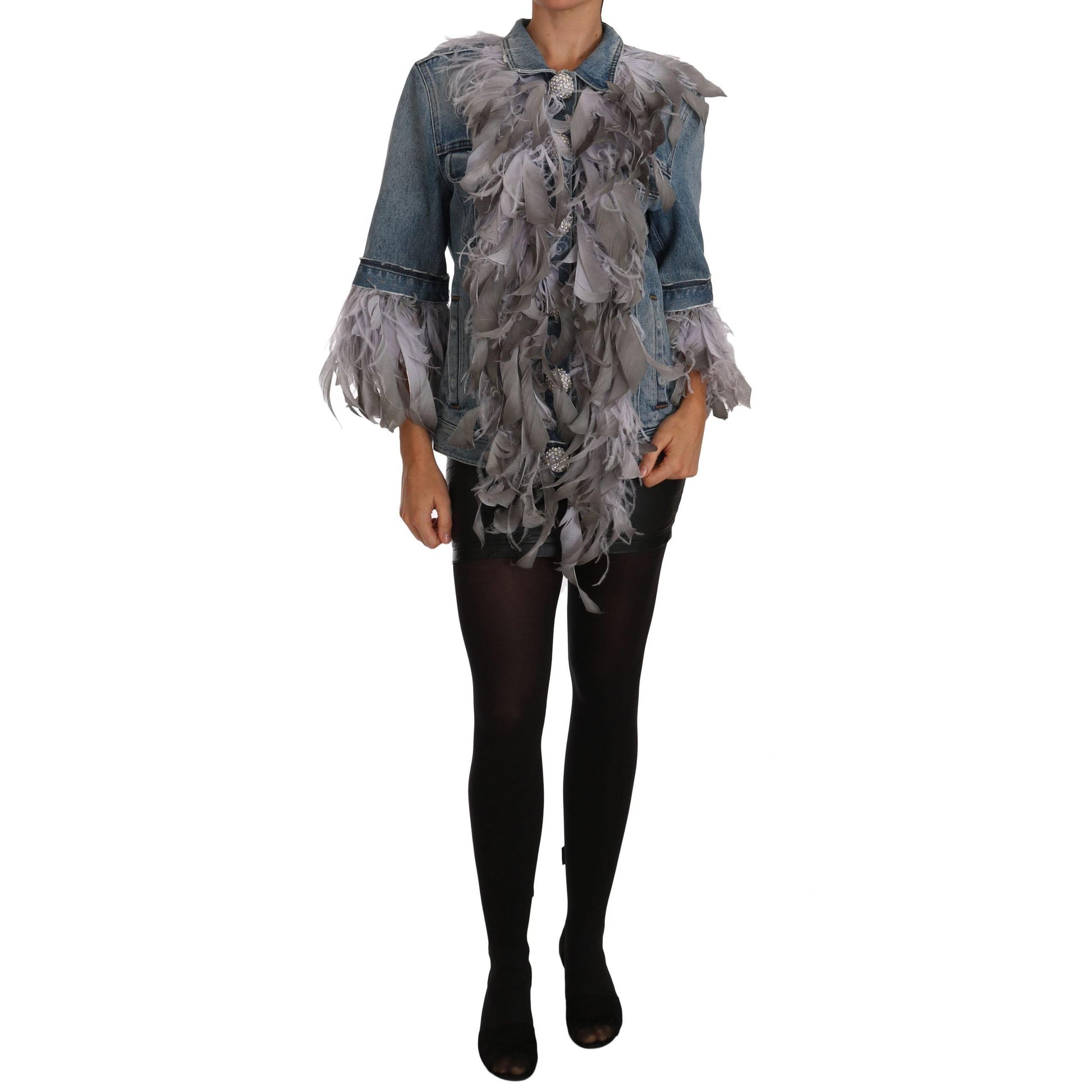 Denim Jacket Feathers Embellished Buttons - coffeewithmee2