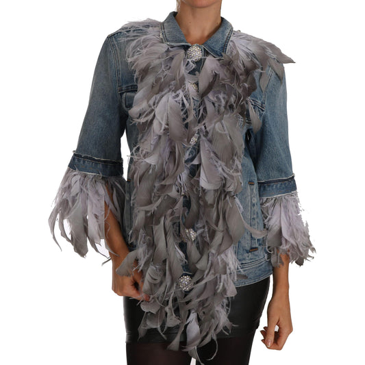 Denim Jacket Feathers Embellished Buttons - coffeewithmee2