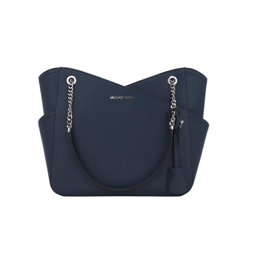 Jet Set Leather Large X Cross Chain Shoulder Tote Bag (Navy Solid/Silver) - coffeewithmee2