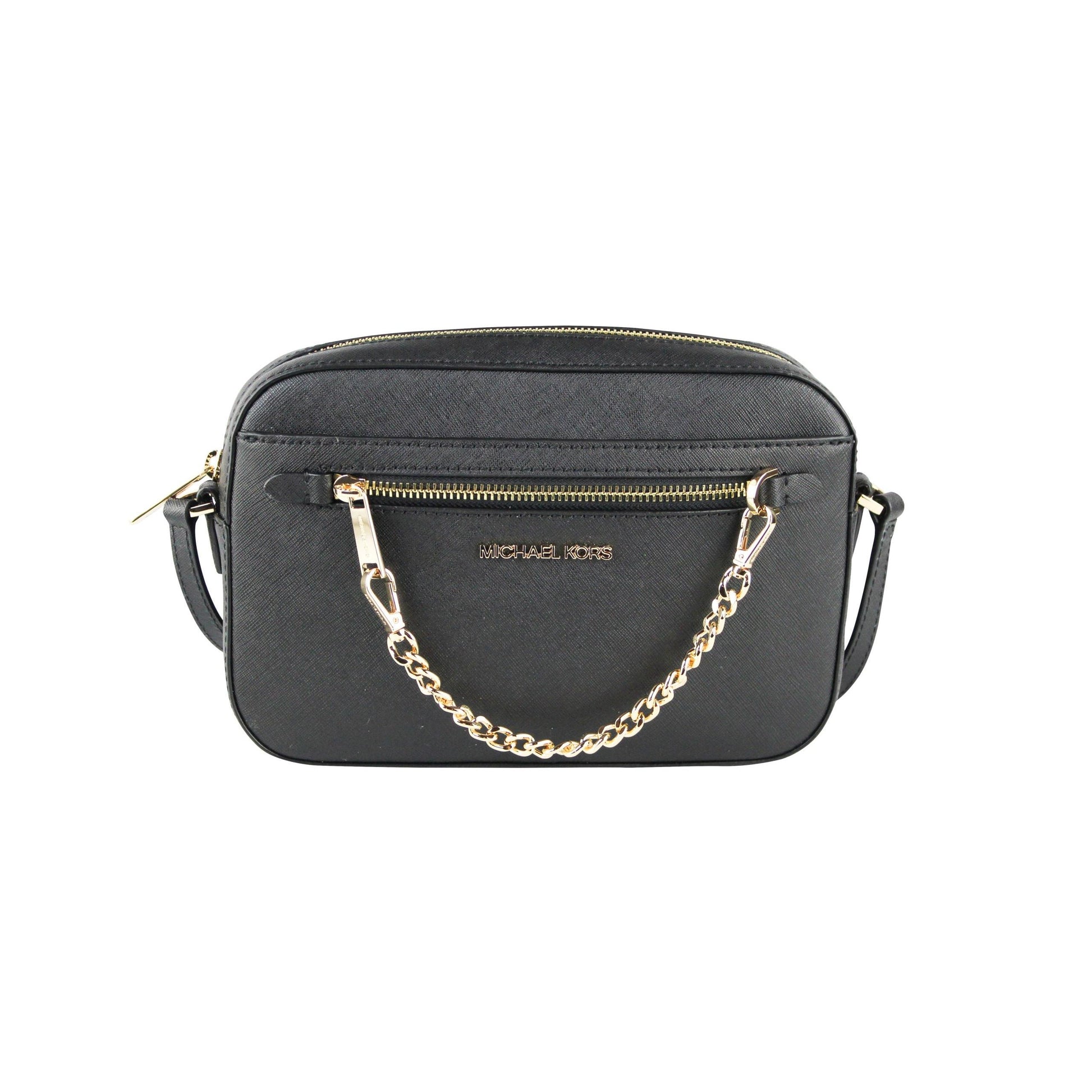 Jet Set Item Large East West Saffiano Leather Zip Chain Crossbody Handbag (Black Solid/Gold) - coffeewithmee2