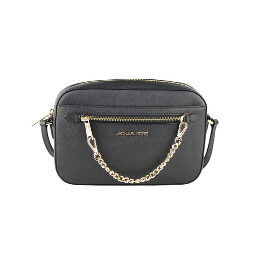 Jet Set Item Large East West Saffiano Leather Zip Chain Crossbody Handbag (Black Solid/Gold) - coffeewithmee2