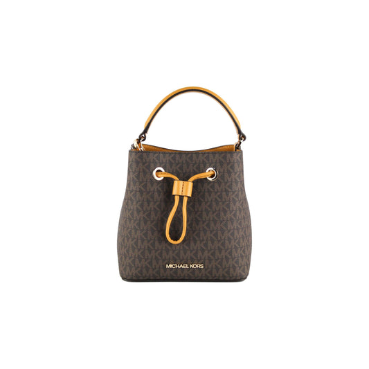 Suri Small Leather Bucket Crossbody Drawstring Hobo Handbag (Marigold/Brown Signature) - coffeewithmee2