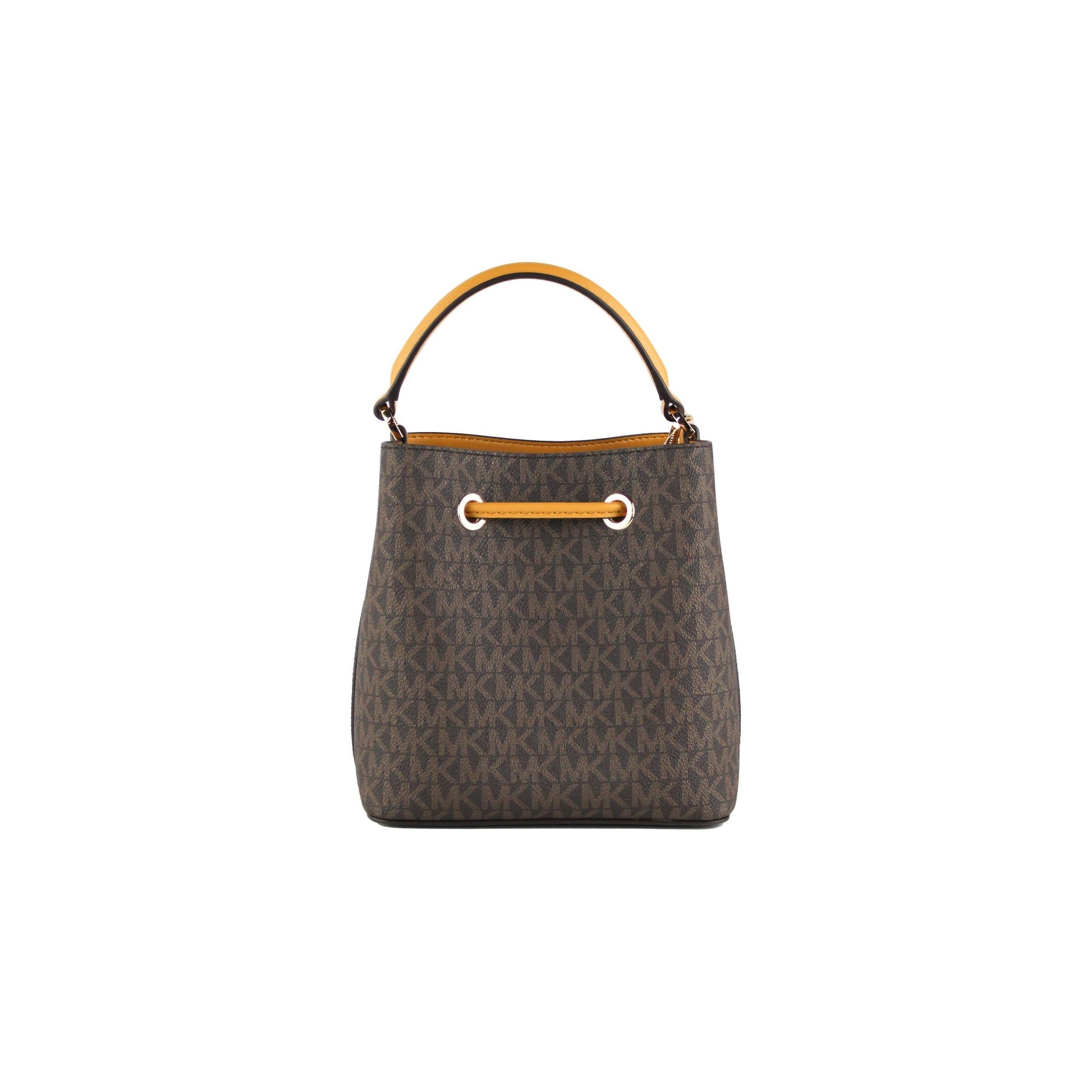 Suri Small Leather Bucket Crossbody Drawstring Hobo Handbag (Marigold/Brown Signature) - coffeewithmee2
