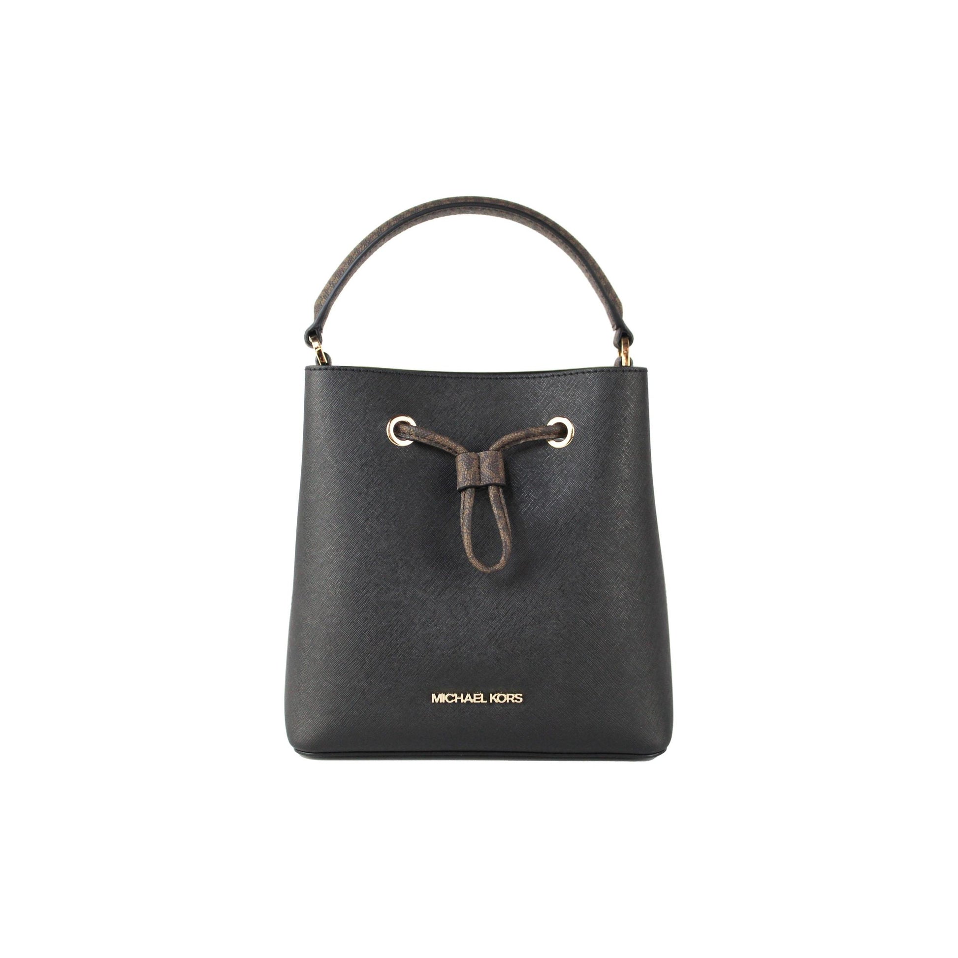 Suri Medium Black Leather Brown Handle Bucket Messenger Hand Bag - coffeewithmee2