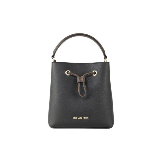 Suri Medium Black Leather Brown Handle Bucket Messenger Hand Bag - coffeewithmee2