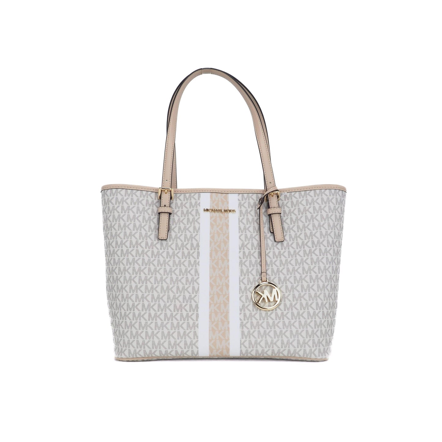 Jet Set Travel Medium Signature PVC Striped Carryall Tote Handbag (Buff Multi) - coffeewithmee2