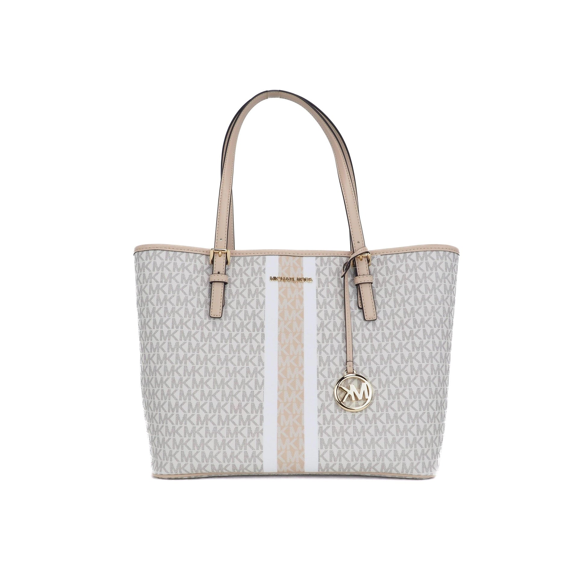 Jet Set Travel Medium Signature PVC Striped Carryall Tote Handbag (Buff Multi) - coffeewithmee2