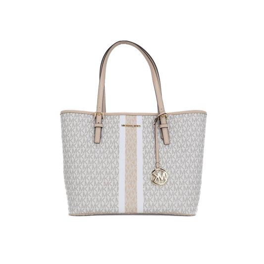 Jet Set Travel Medium Signature PVC Striped Carryall Tote Handbag (Buff Multi) - coffeewithmee2