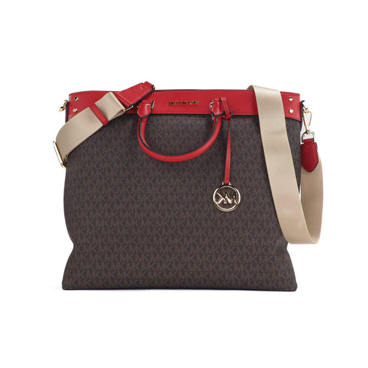 Travel Large Signature PVC Top Zip North South Tote Handbag (Brown/Flame) - coffeewithmee2