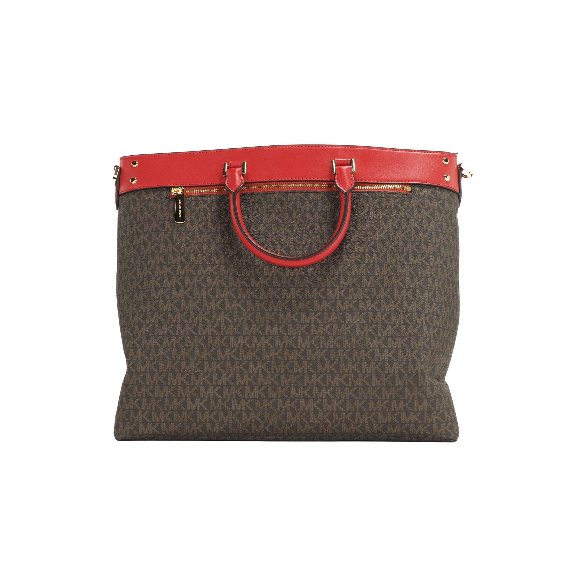 Travel Large Signature PVC Top Zip North South Tote Handbag (Brown/Flame) - coffeewithmee2
