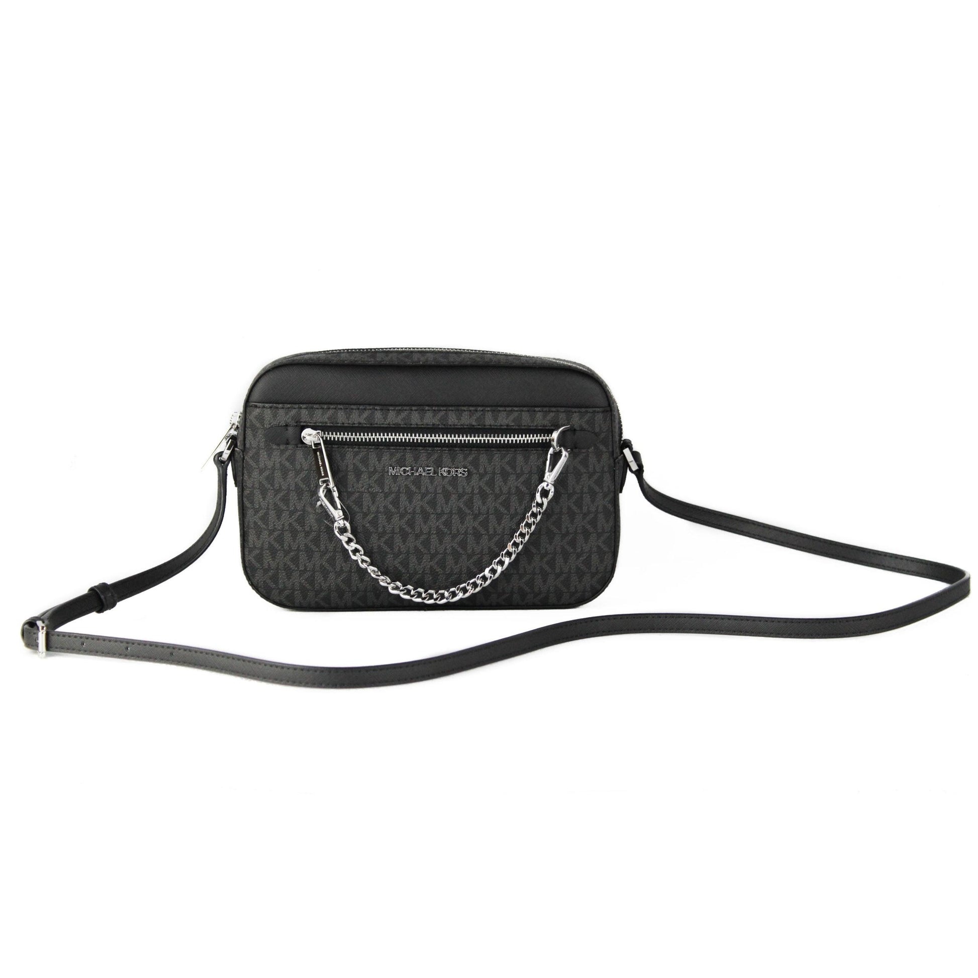 Jet Set Item Large East West Signature Leather Zip Chain Crossbody Handbag (Black PVC/Black) - coffeewithmee2