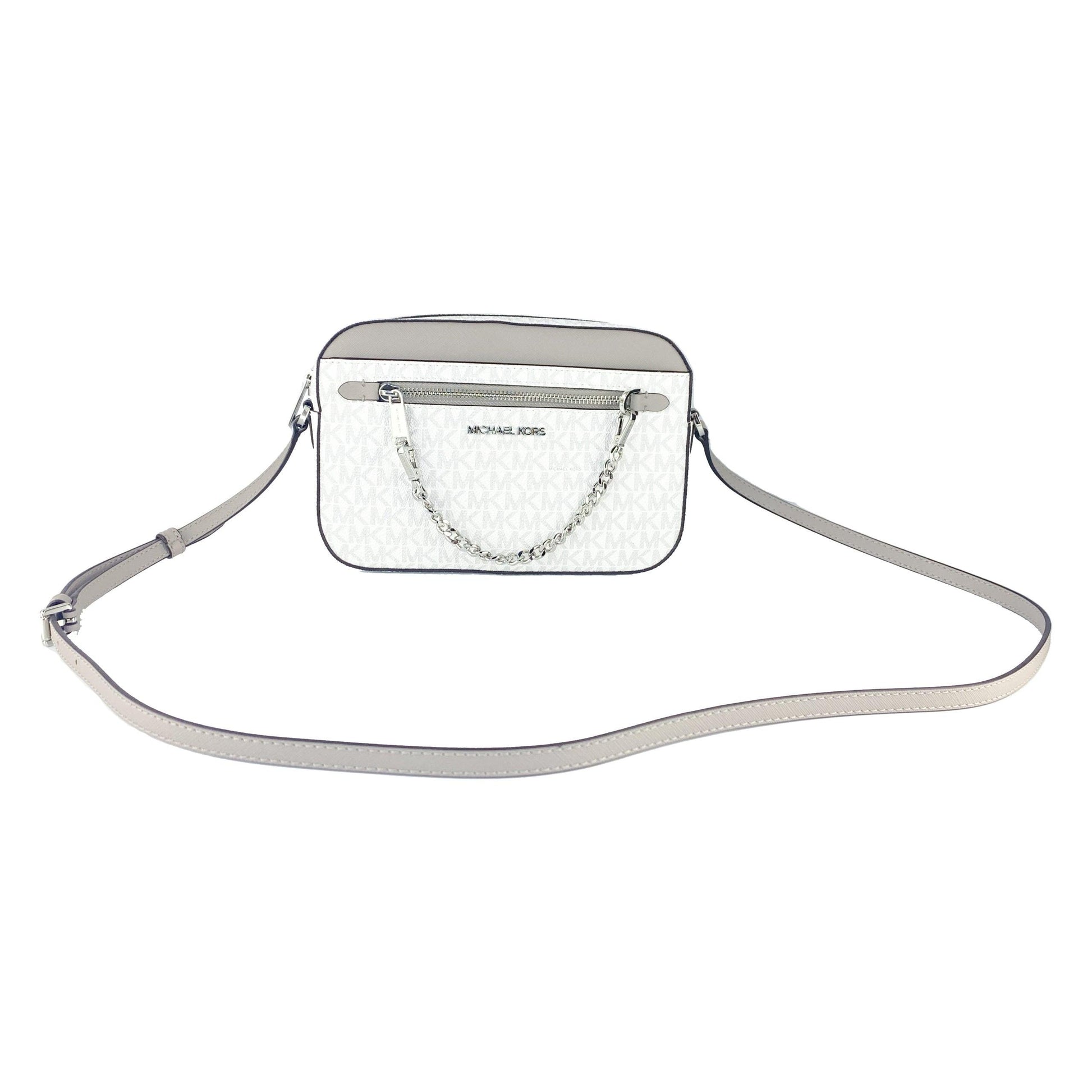 Jet Set Item Large East West Signature Leather Zip Chain Crossbody Handbag (Bright White Signature) - coffeewithmee2