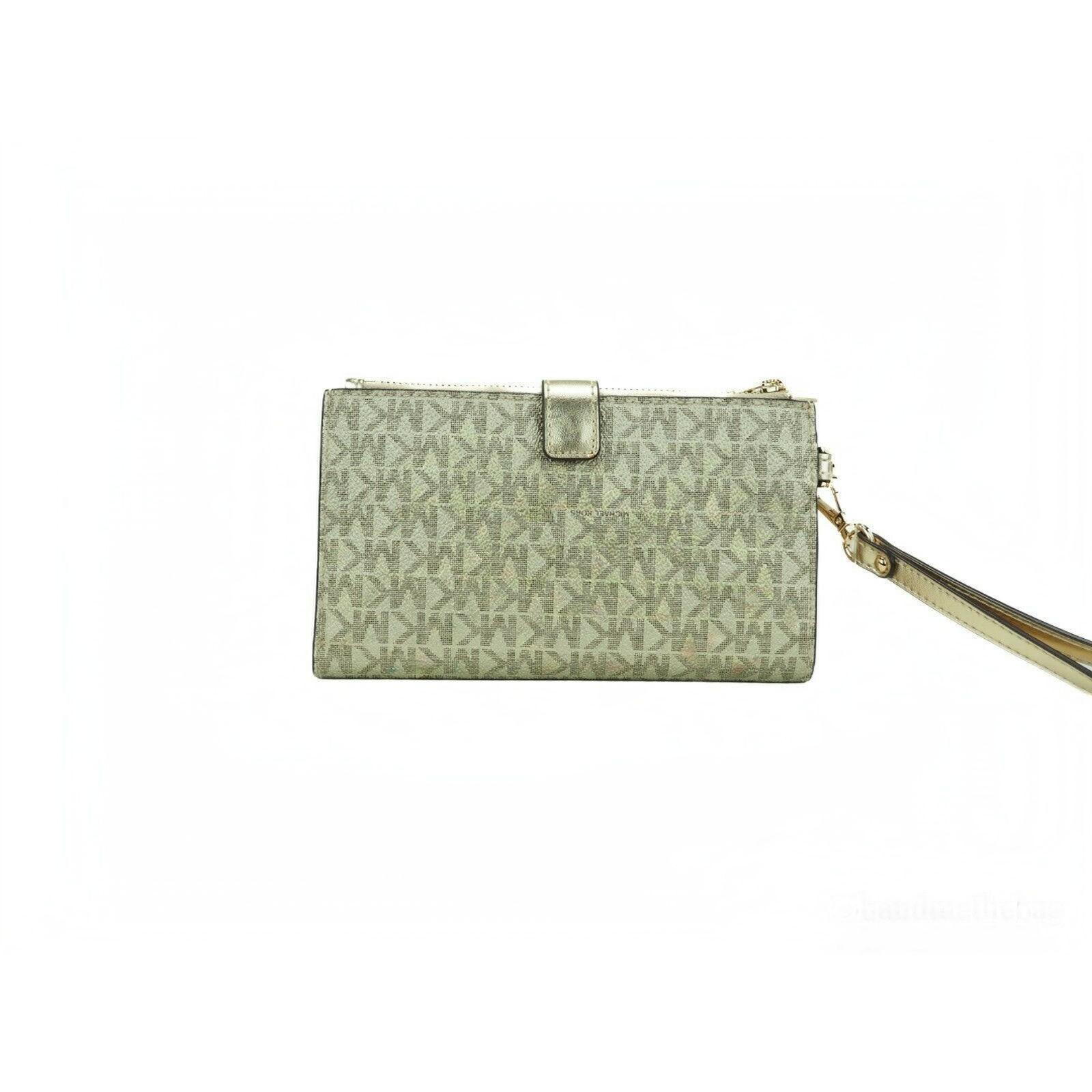 Jet Set Travel Leather Logo Large Double Zip Wristlet Wallet (Pale Gold Metallic) - coffeewithmee2