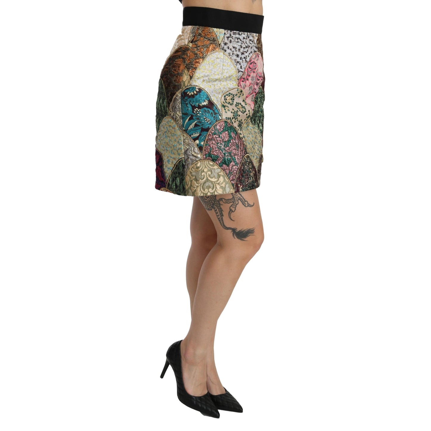 Green Pink Jacquard High Waist Mini  Skirt