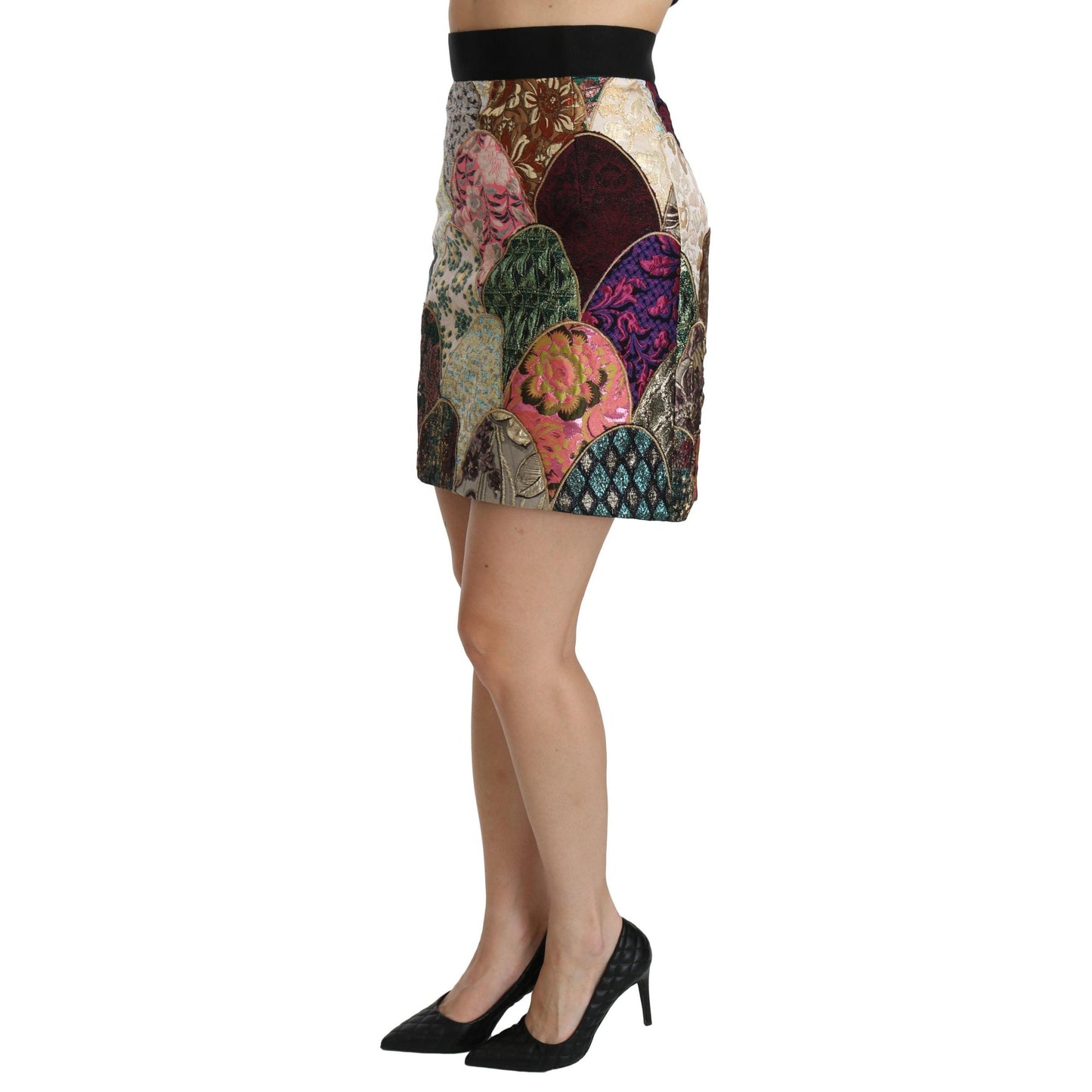 Green Pink Jacquard High Waist Mini  Skirt