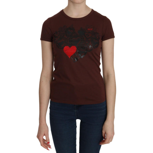 Brown Heart Print Crew Neck T-shirt Short Sleeve Blouse