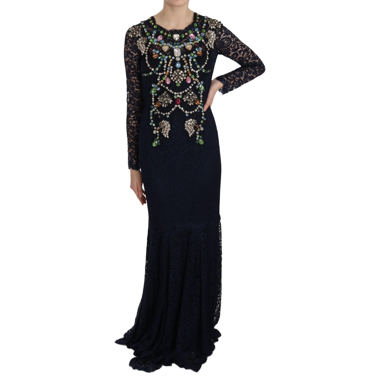 Blue Crystal Floral Lace Long Gown Dress