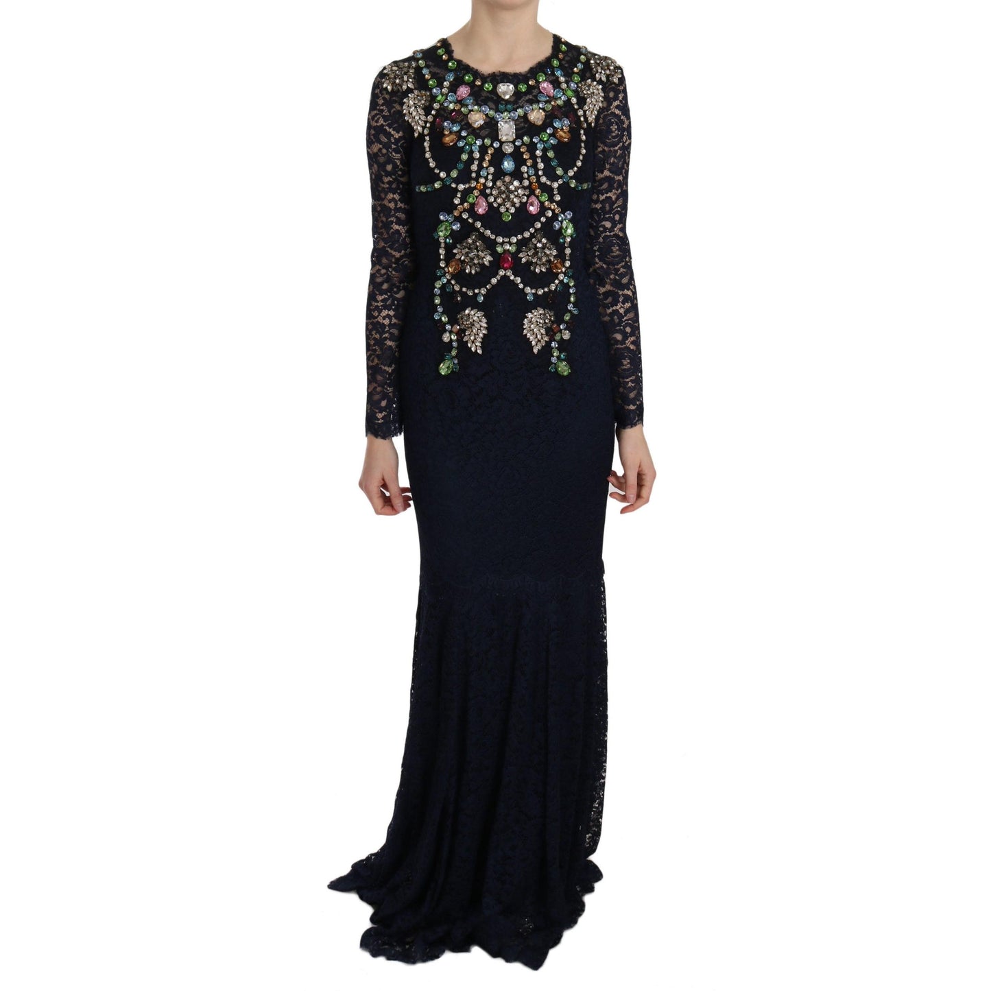 Blue Crystal Floral Lace Long Gown Dress