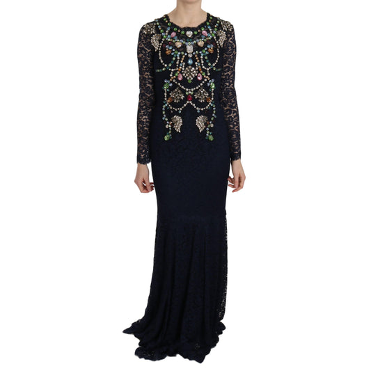 Blue Crystal Floral Lace Long Gown Dress