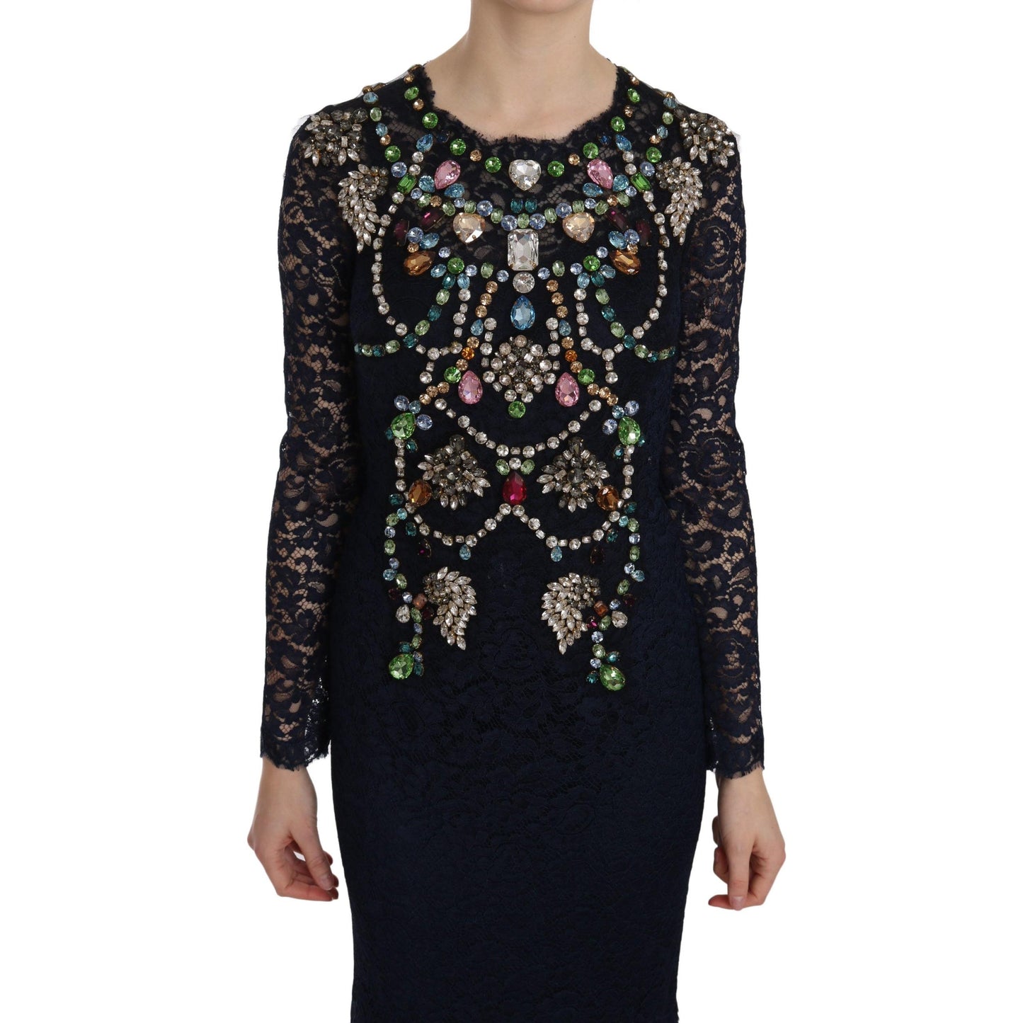 Blue Crystal Floral Lace Long Gown Dress