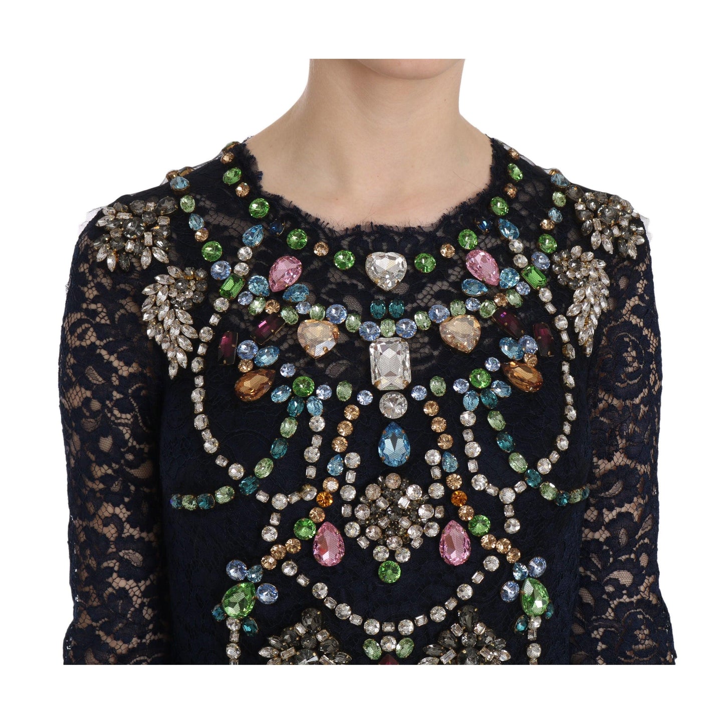 Blue Crystal Floral Lace Long Gown Dress