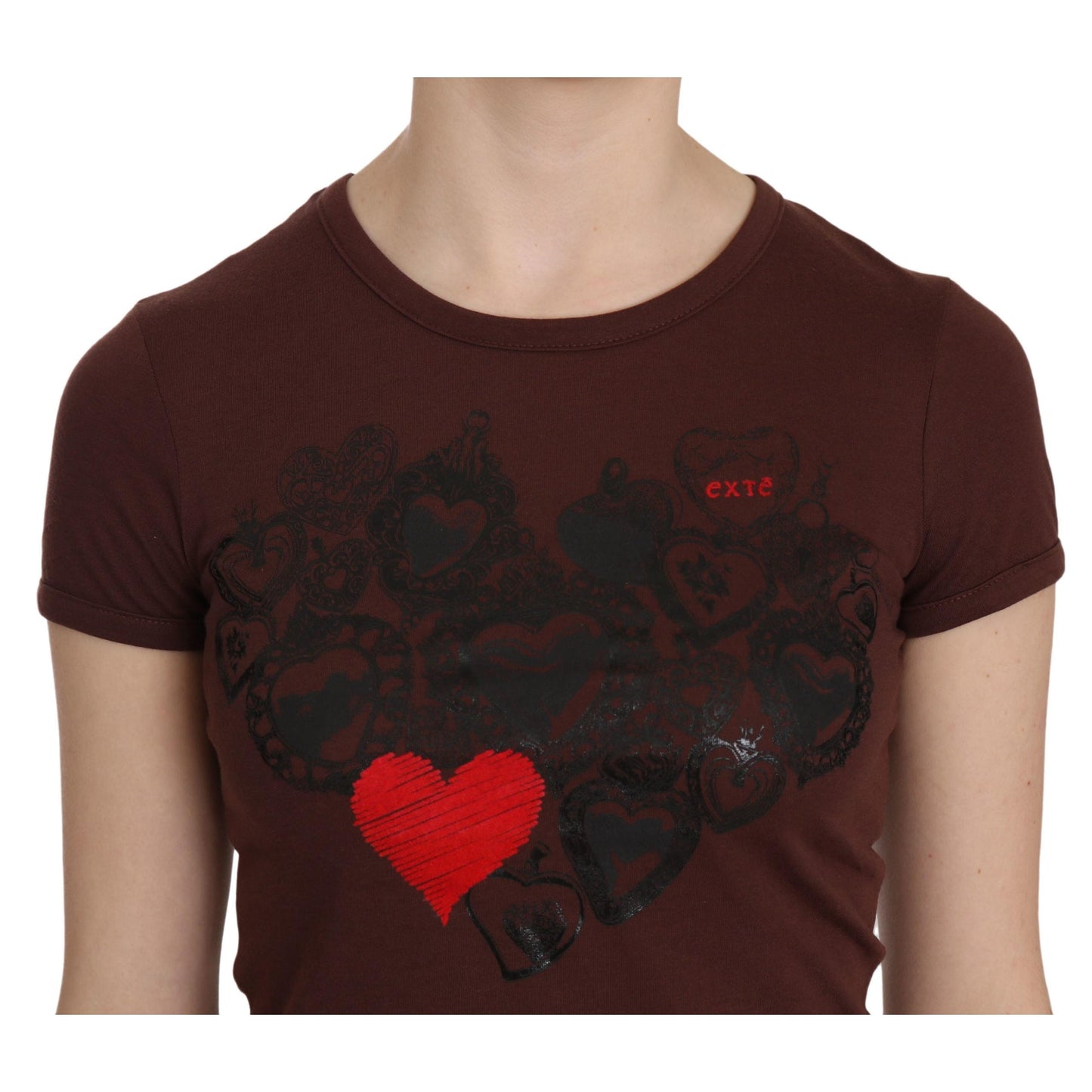 Brown Heart Print Crew Neck T-shirt Short Sleeve Blouse