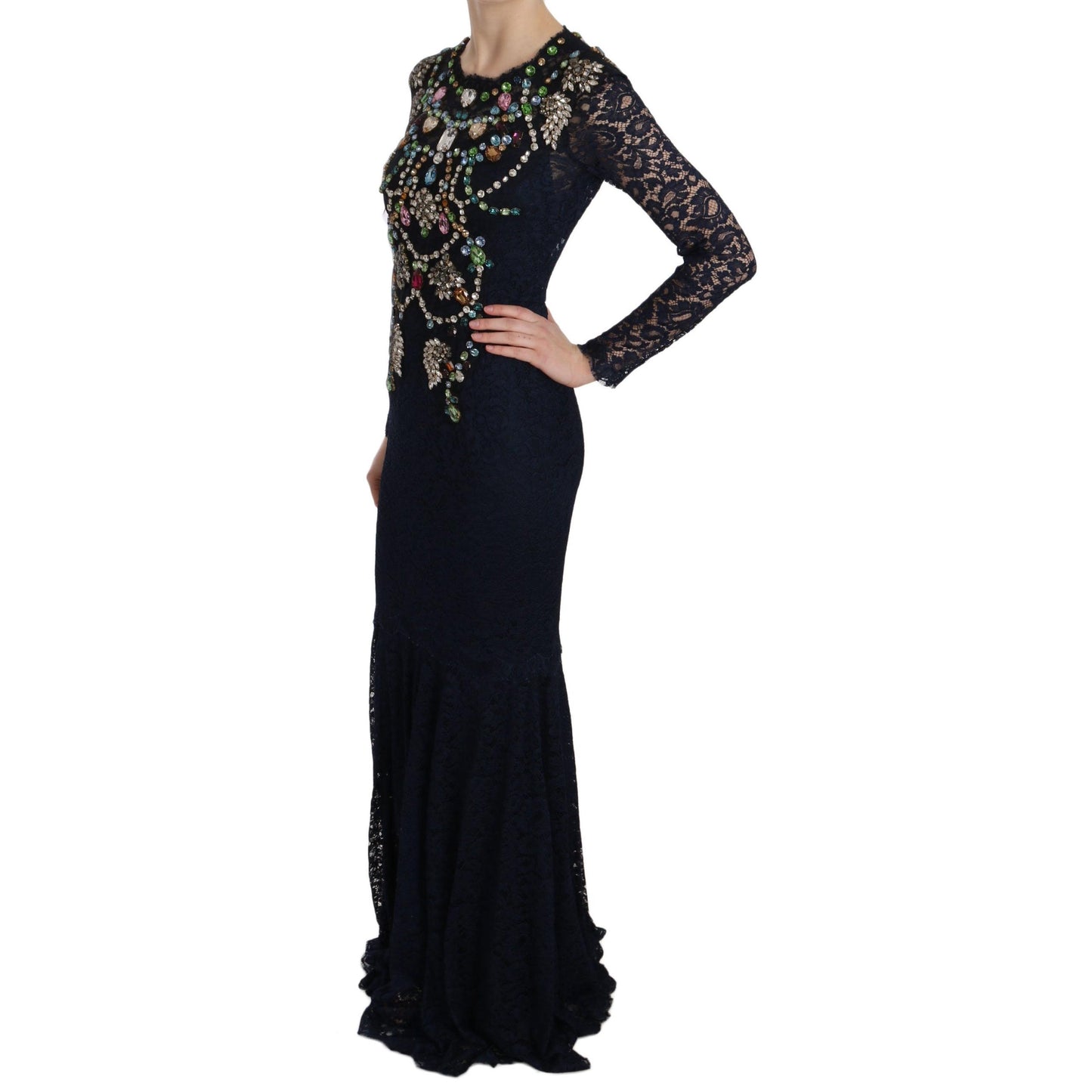 Blue Crystal Floral Lace Long Gown Dress