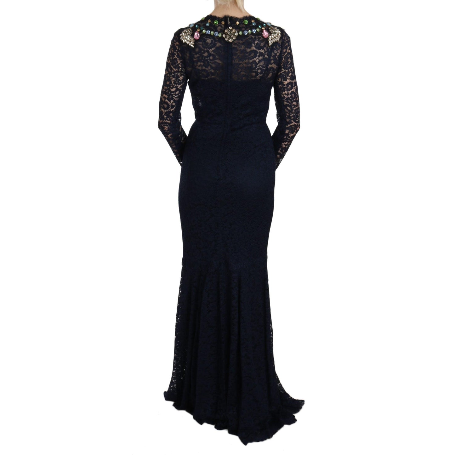 Blue Crystal Floral Lace Long Gown Dress