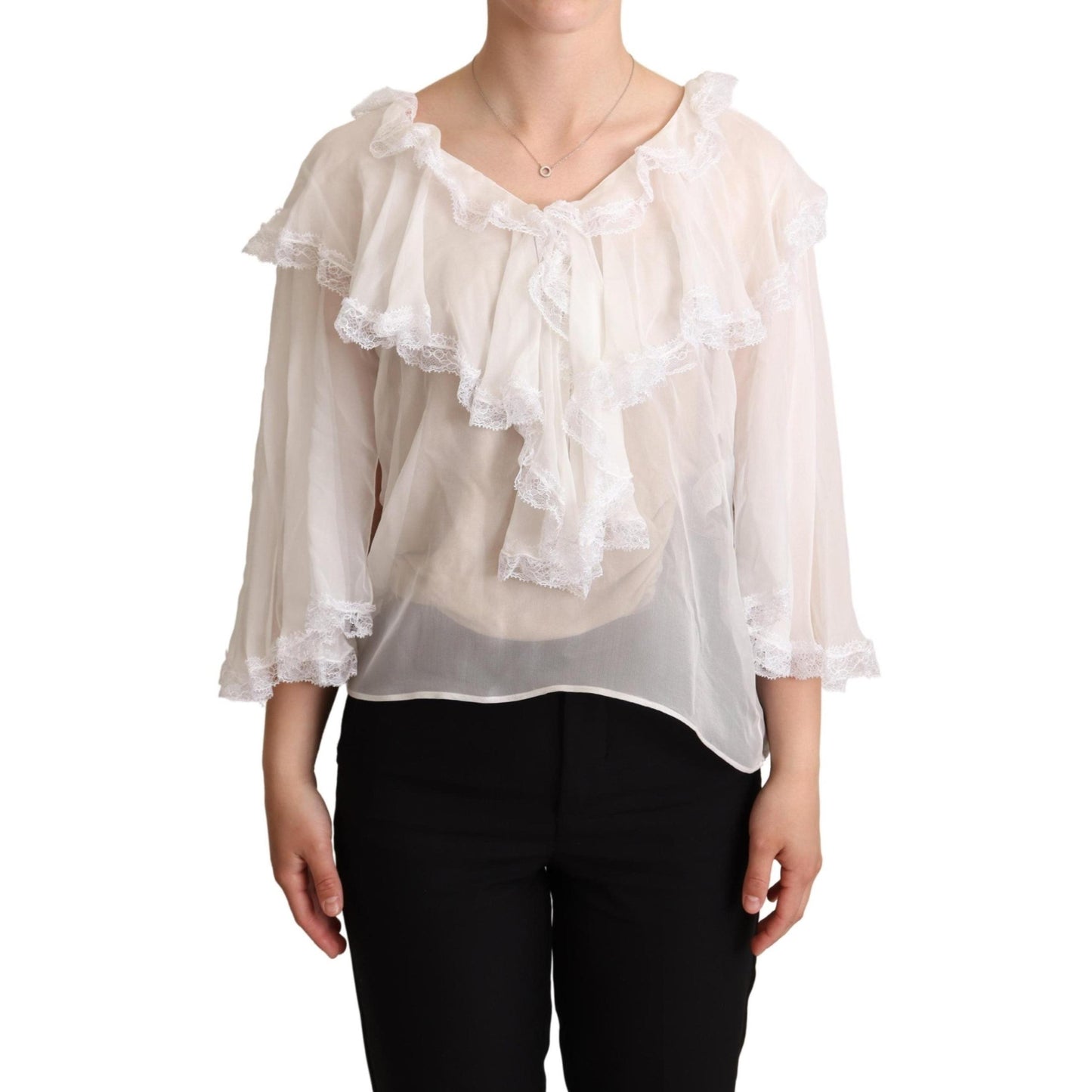 White Silk Long Sleeves Lace Blouse