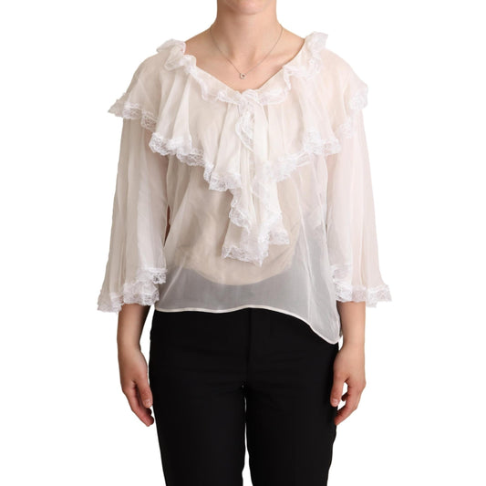 White Silk Long Sleeves Lace Blouse